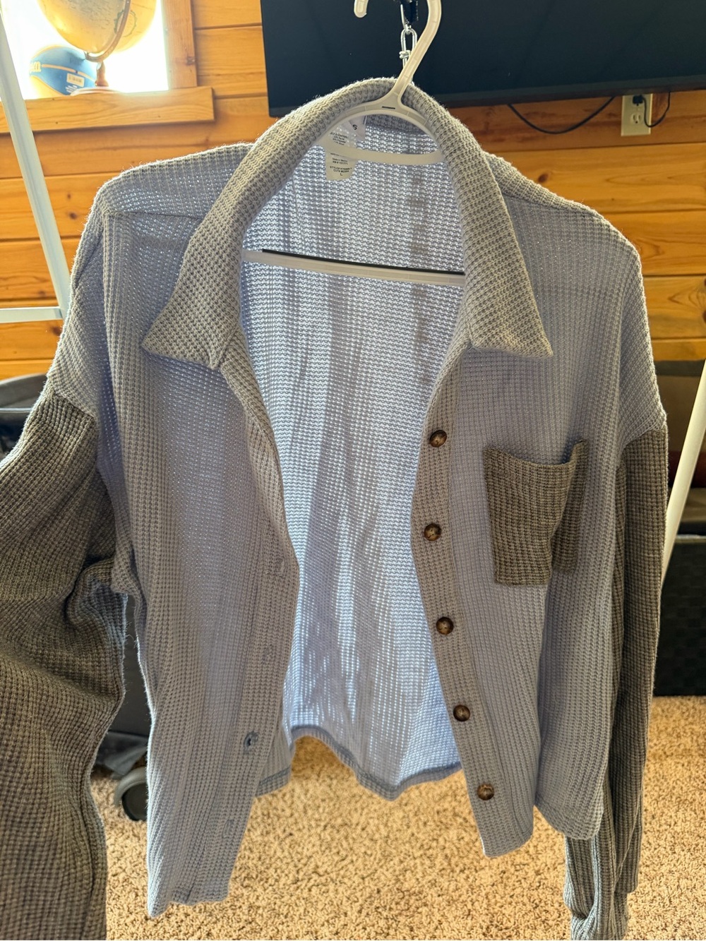Le Lis Light Blue Waffle-Knit Cardigan with Gray Trim